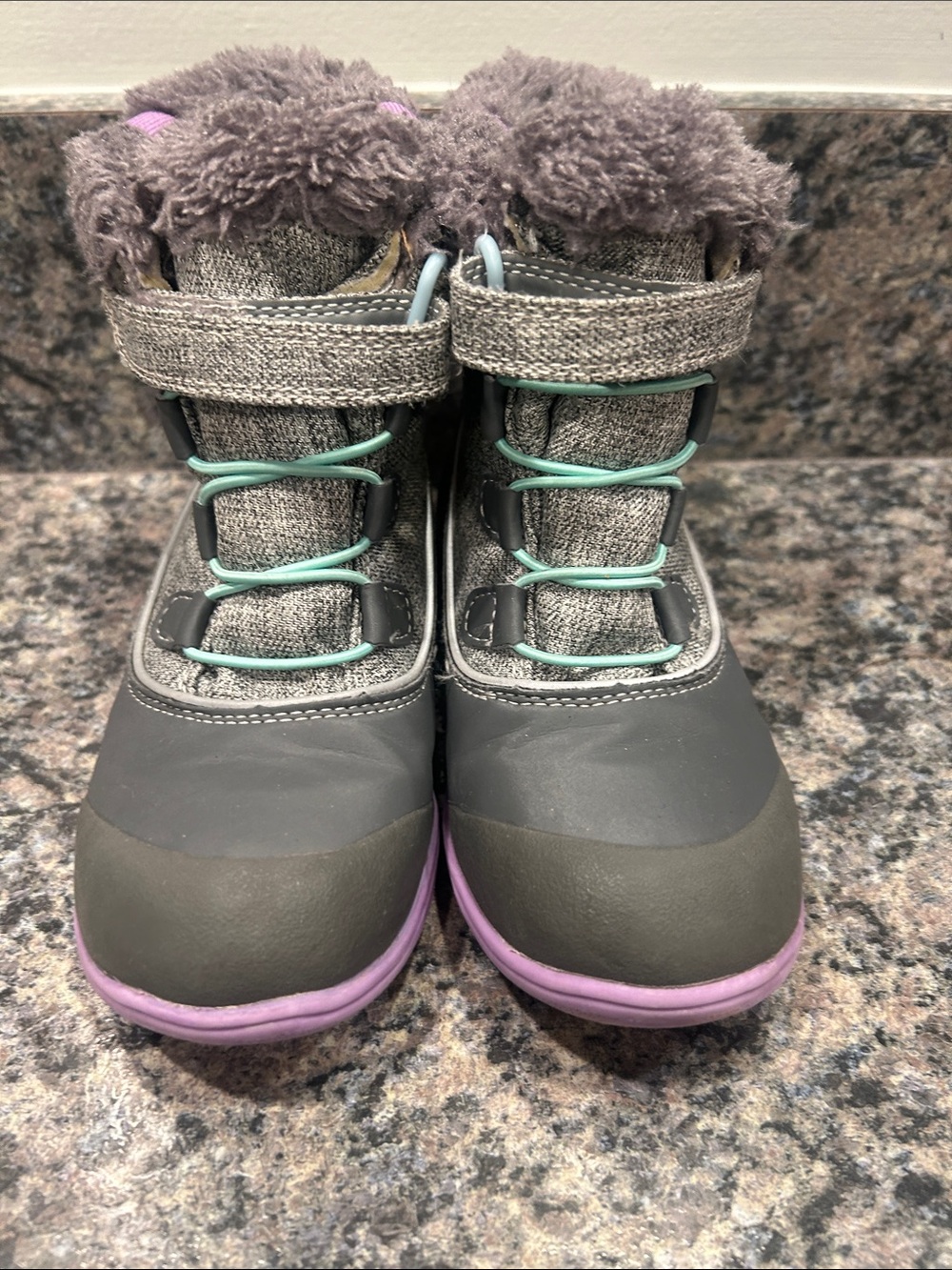 See Kai Run Gray Kids Winter Boots with Purple Soles and Mint Accents